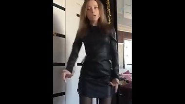 Teen in leather skirt