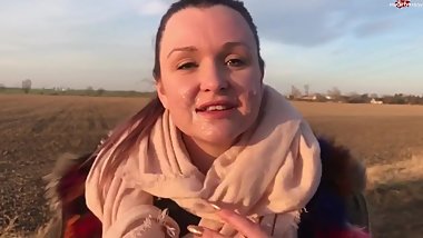 German Brunette in Green Down Jacket and Fur Hood Sex