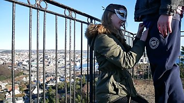 ALMOST CAUGHT TWICE! Blowjob on the outlook over the city