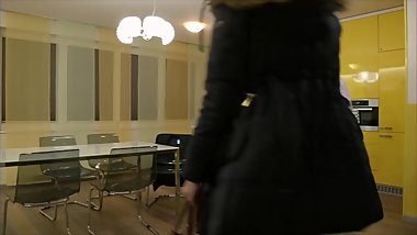 Blonde German in Blue Down Jacket and Fur Hood Sex