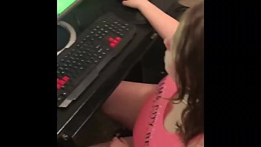 Pregnant gamer girl gives head
