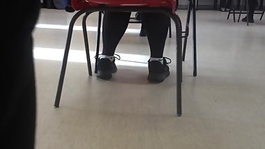 Teen girl shoe play wearing Nike socks in class part 2