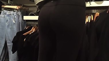 Candid teen black leggings shopping