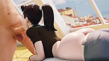 D.Va Blowjob In Bed Pants Pulled Around Plump Ass