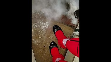 sneaking out in red frilly socks and red tights