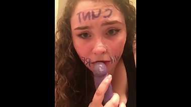 Teen slut chokes on dildo and pours drool on own face pt 3