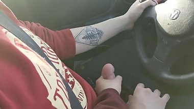 young boy masturbates/hand-job while driving with butt-plug in. teen boy