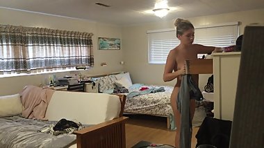 Gorgeous tattoed sister busted getting dressed in bedroom after shower